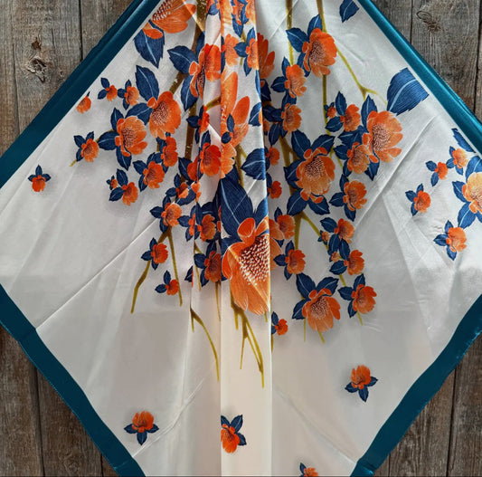 35X35" White and Teal Floral Wild Rag