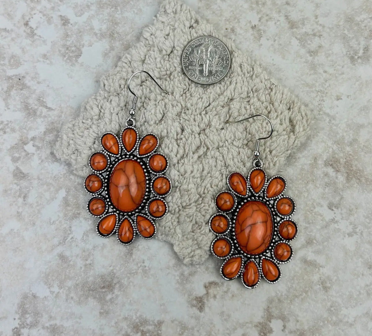 Silver with
Orange Stone Oval Concho Earrings