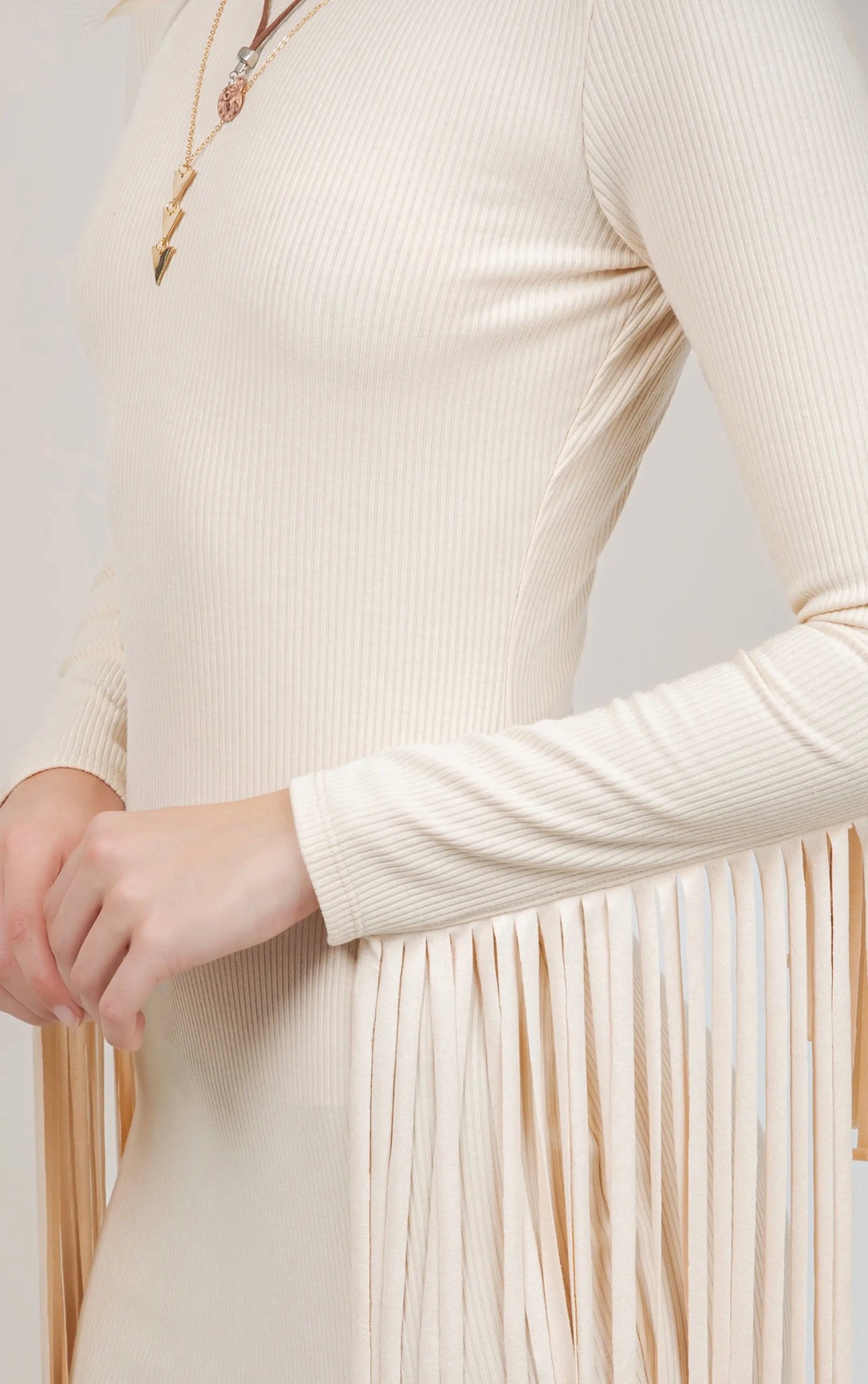Natural Long Sleeve Fringed
Ribbed Bodycon Dress