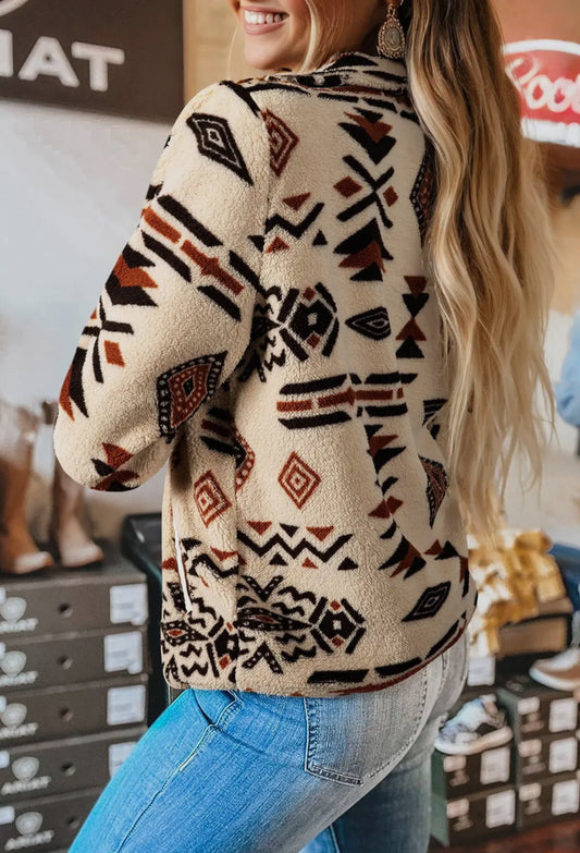 Beige Western Aztec Half Zip Plush Sweatshirt