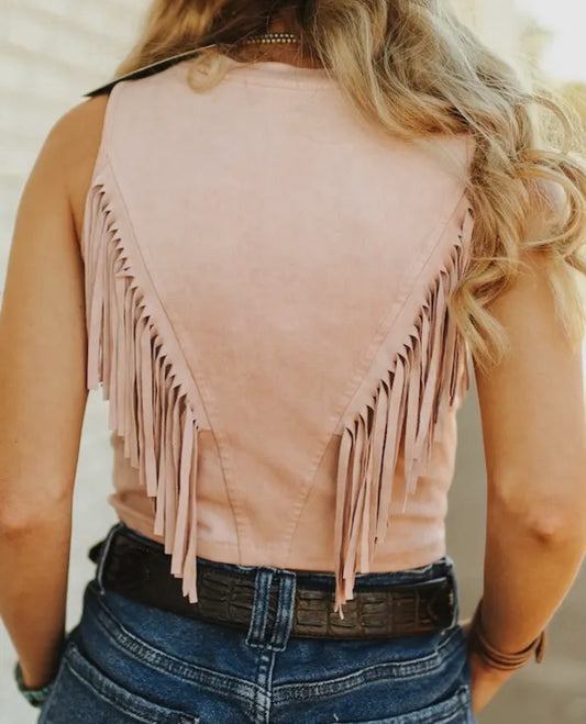 SOFT PINK SUEDE FRONT ARCH FRINGE TOP