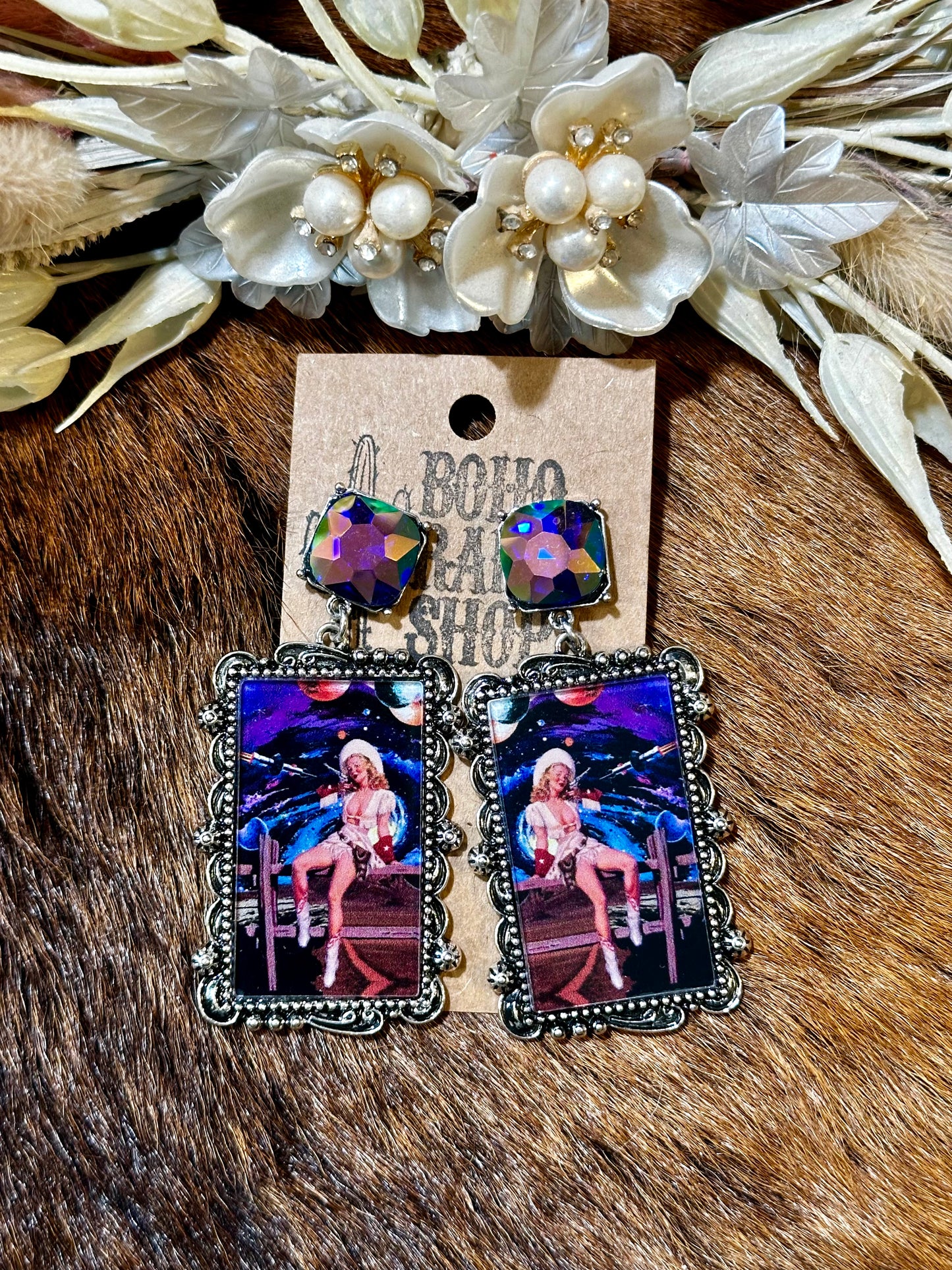 Cosmic western cowgirl glass earrings with blue/purple stones