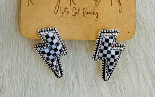 Western Checker lighting bolt Stud Earrings Bold Statement Jewelry
