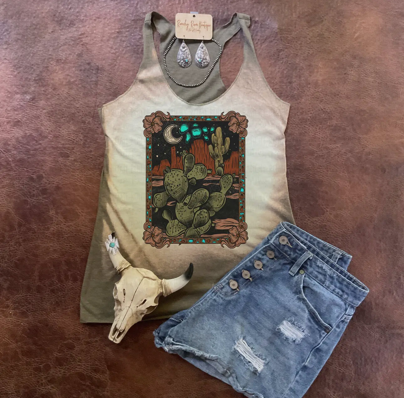 Tooled leather cactus scene racerback tank **SALE was 27.00 NOW 17.00 All sale items are final & no returns on sale items.