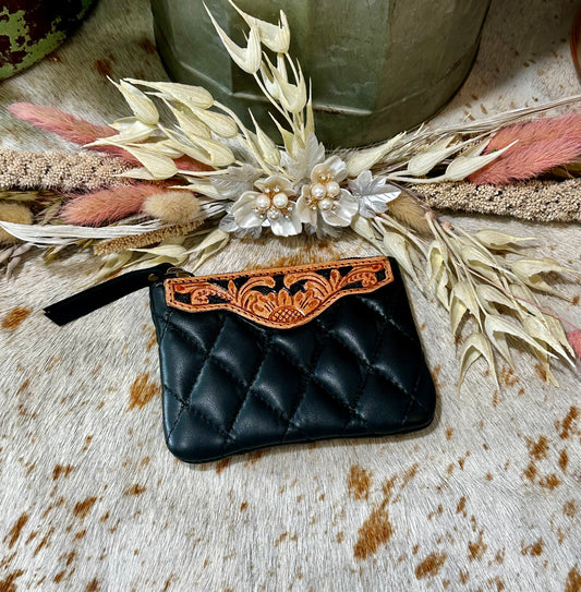 Black Tooled Leather Coin Pouch