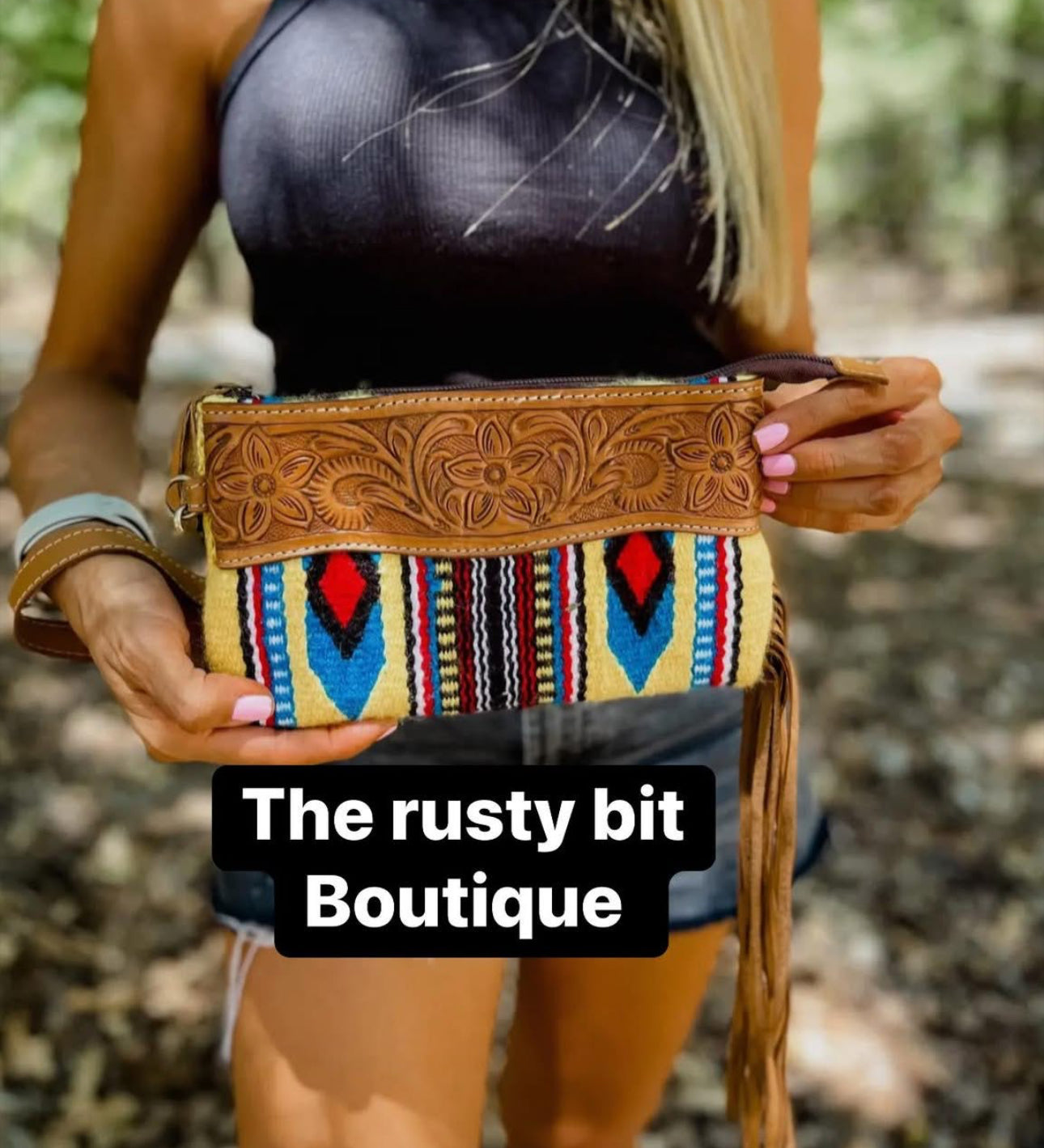 Western Aztec Tooled Leather Tassel
Wristlet Purse