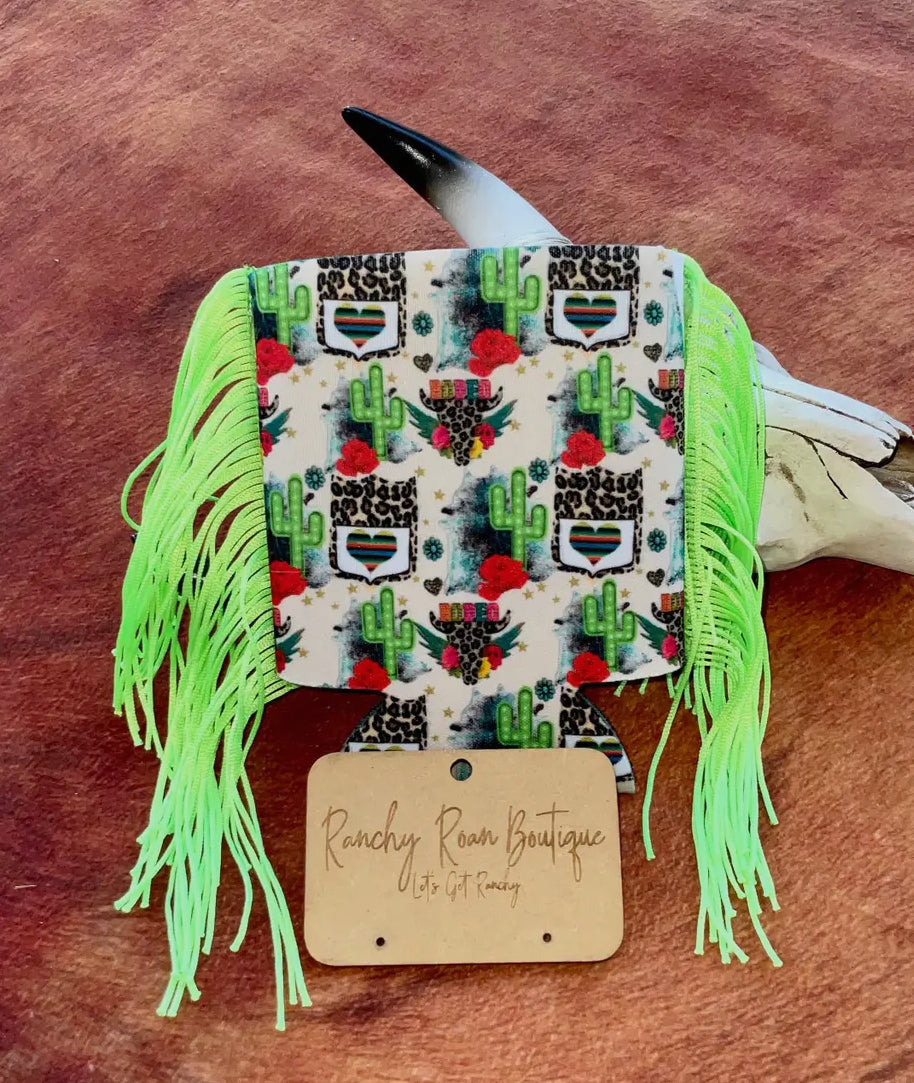 Western neon rodeo fringe koozie SLIM size