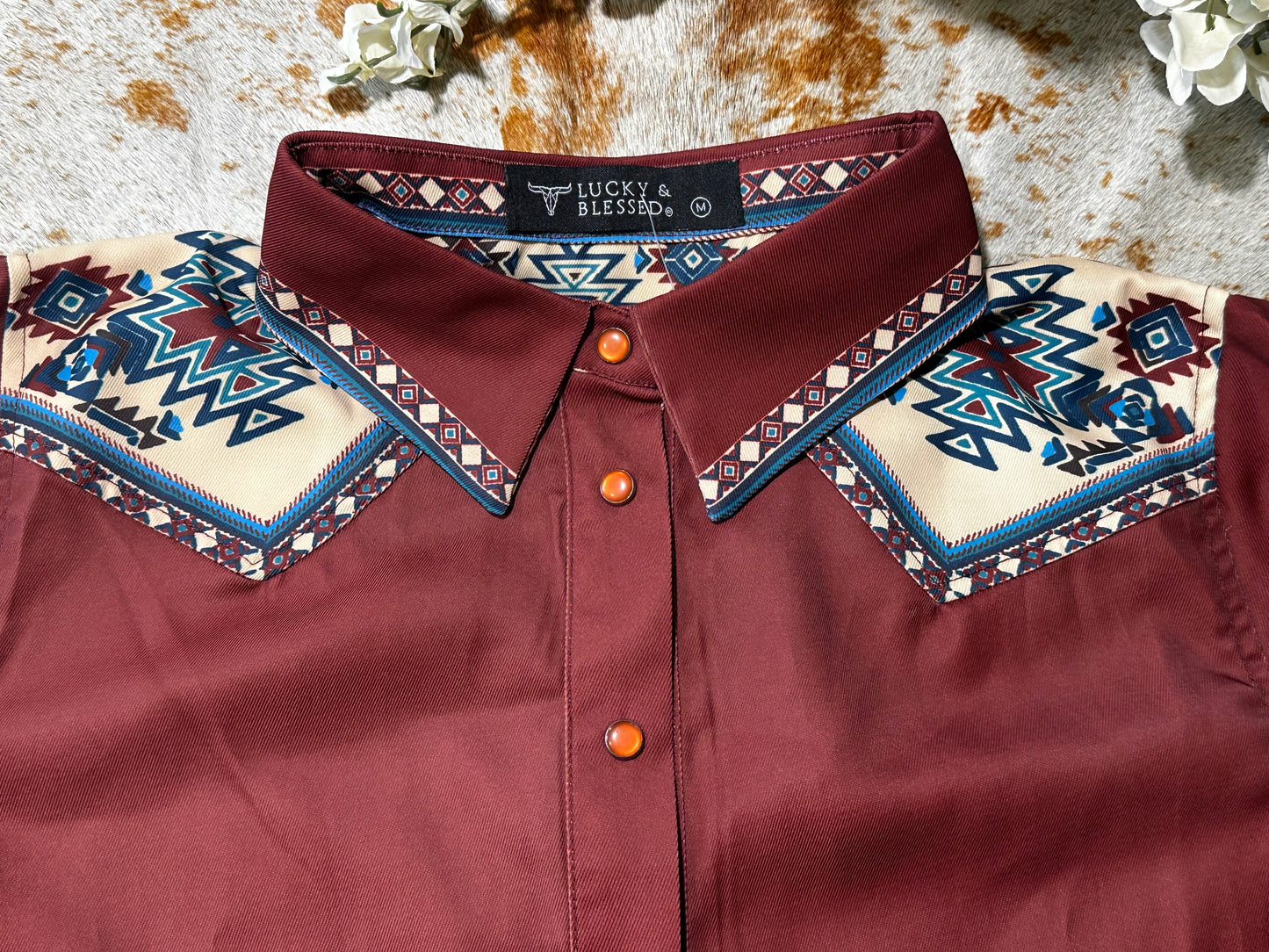 RUST AZTEC YOKE WESTERN BUTTON DOWN TOP