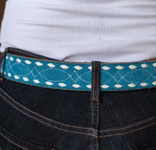 COLORED LEATHER BUCKSTITCH BELT TURQUOISE