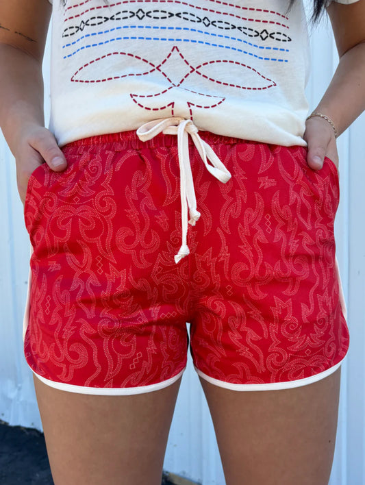 RAISED ROUND HERE SHORTS - RED **SALE was 32.00 NOW 14.00’All sale items are final & no returns on sale items.