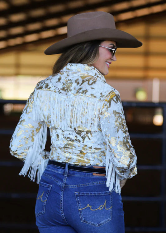 GOLD GILDED VELVET WITH FRINGE PERFORMANCE RODEO SHIRT