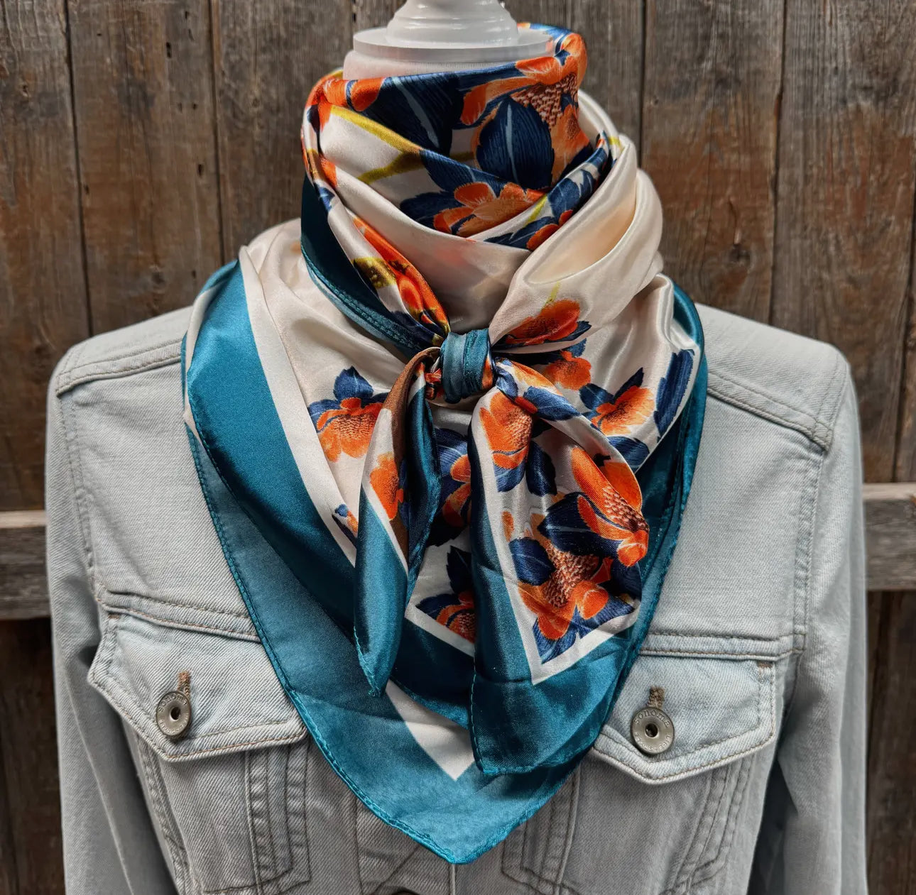 35X35" White and Teal Floral Wild Rag