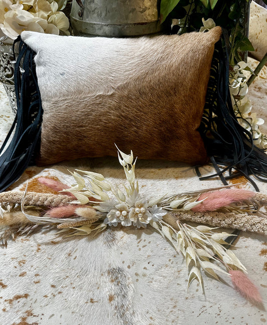 Pillow Vintage Bronc with cowhide on the back side. Size reference in pictures.