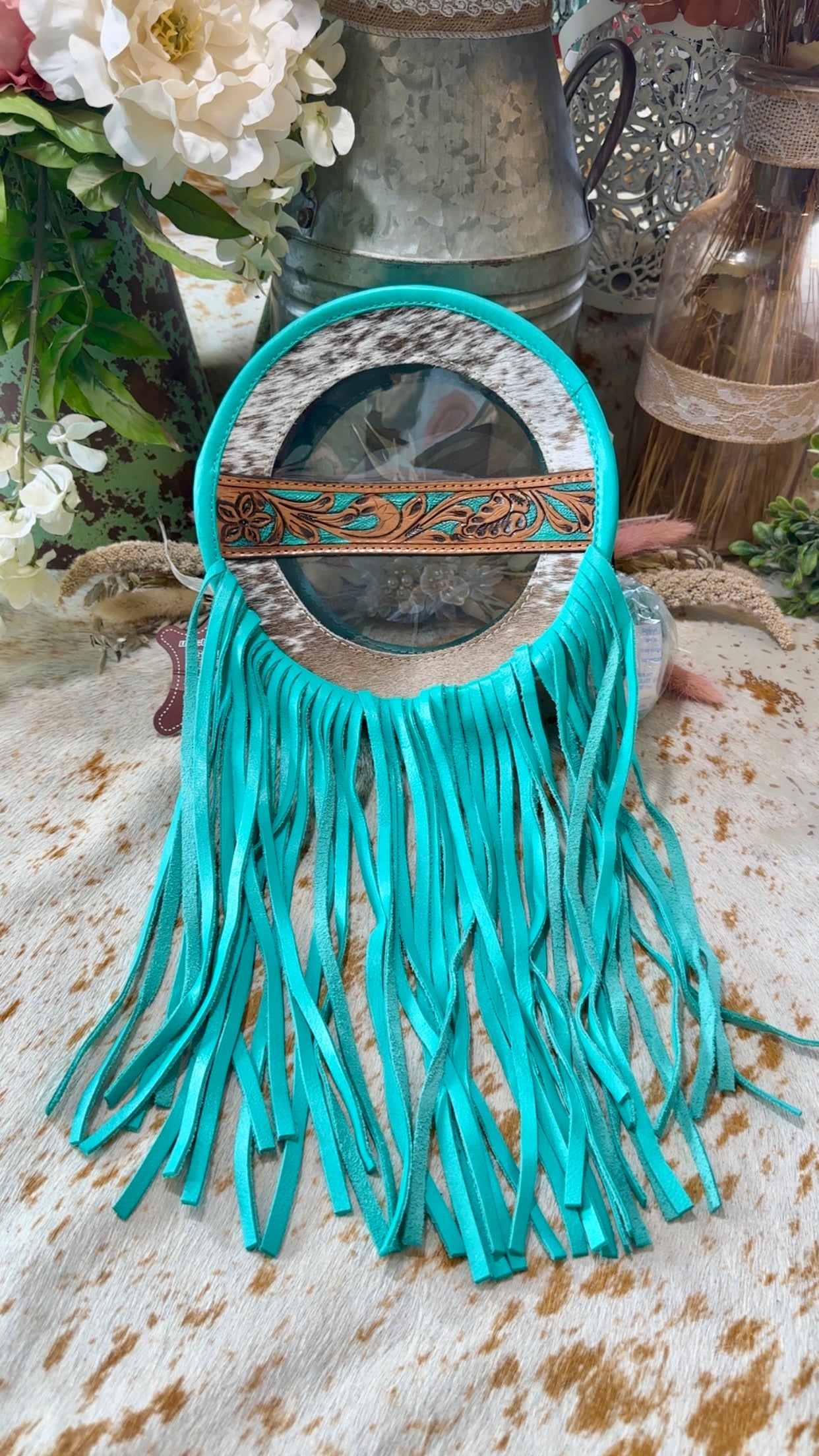 Small Turquoise Clear Cowhide Canteen Fringe Bag.