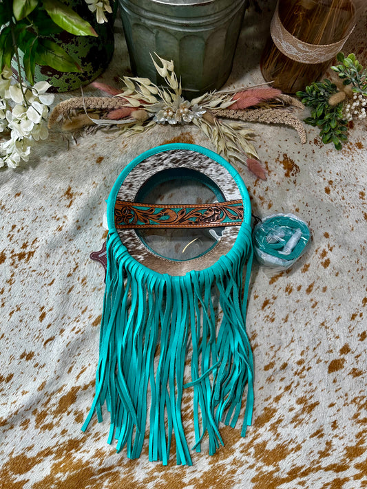 Small Turquoise Clear Cowhide Canteen Fringe Bag.