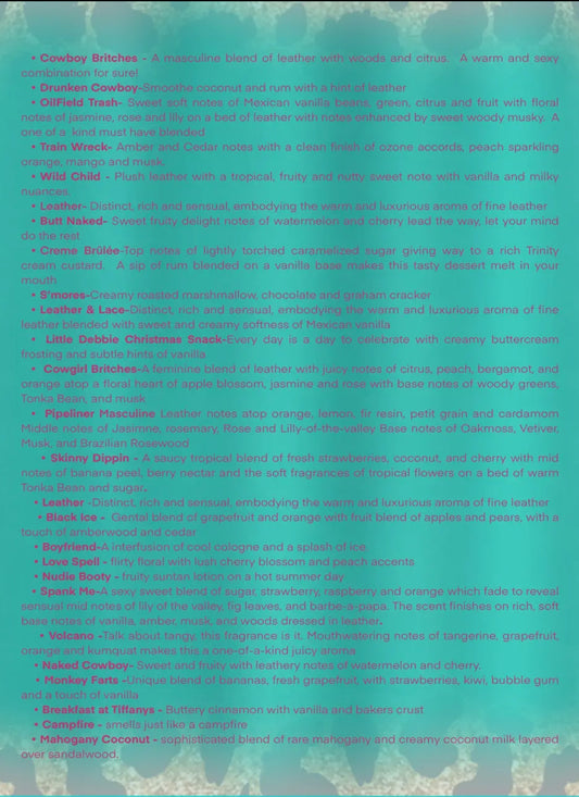 Punchy Cowgirl Freshie scent: Creme Brülée-Top notes of lightly torched caramelized sugar giving way to a rich Trinity cream custard. A sip of rum blended on a vanilla base makes this tasty dessert melt in your mouth