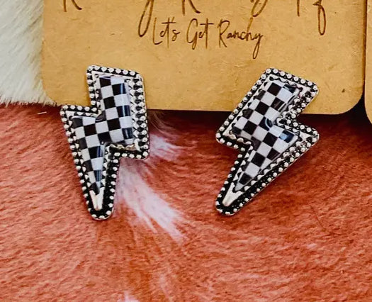 Western Checker lighting bolt Stud Earrings Bold Statement Jewelry