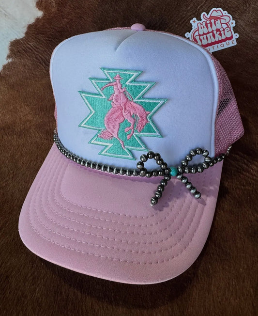 Turquoise and pearl bow trucker hat chain. (Hat not included)