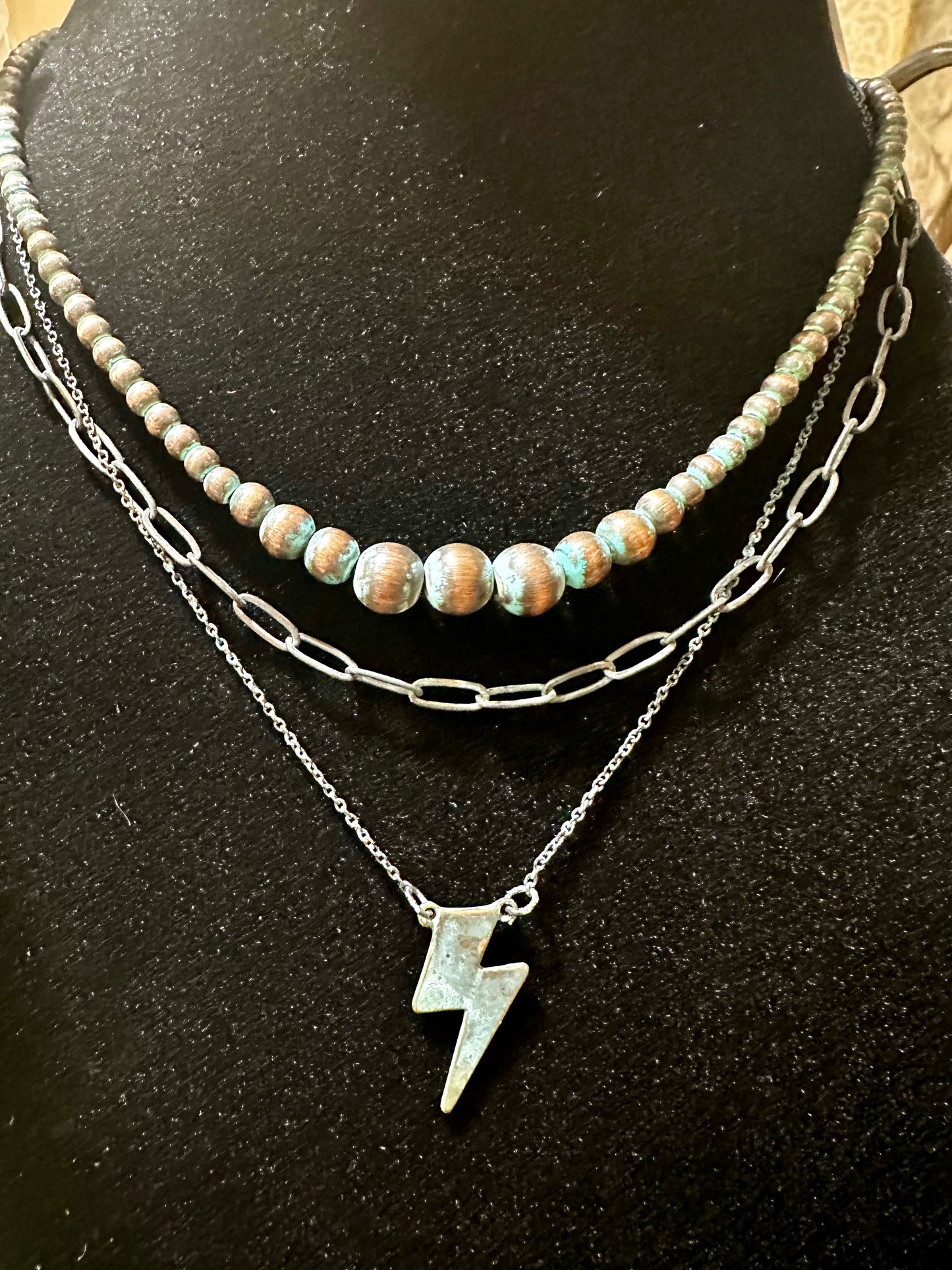 Layered Navajo lighting bolt patina turquoise.