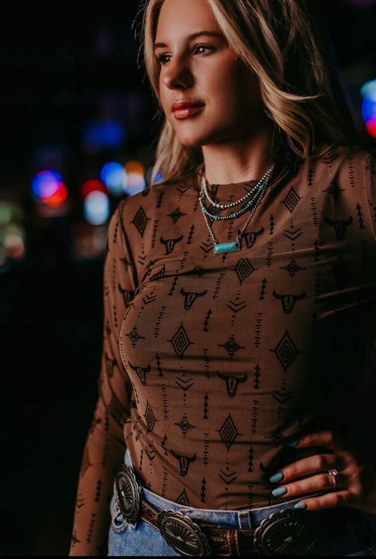 Cow Head Brown Aztec mesh top Please note the color brown is slightly lighter than the picture.