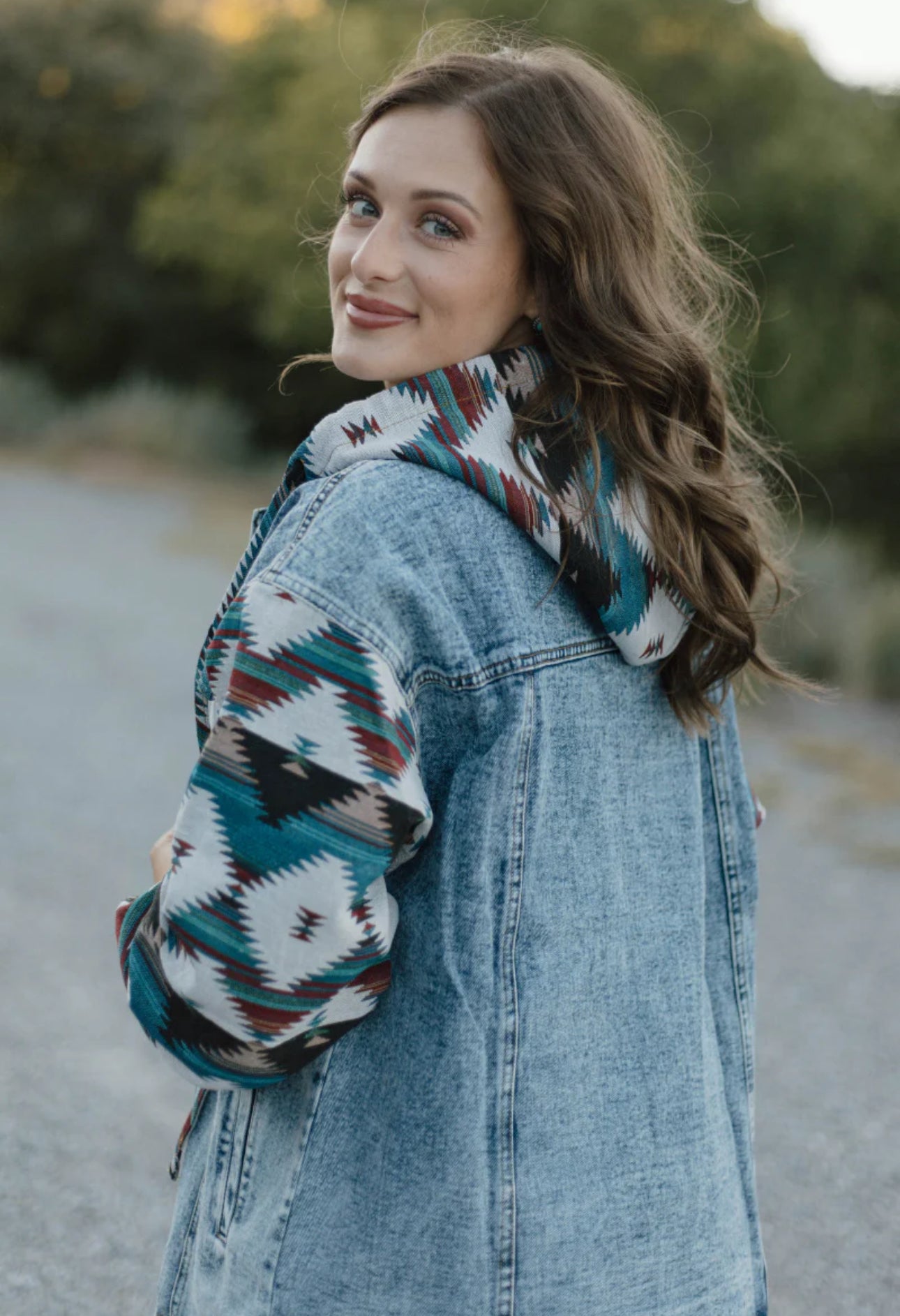 SOUTHERN ROOTS DENIM SHACKET with a detachable hood.