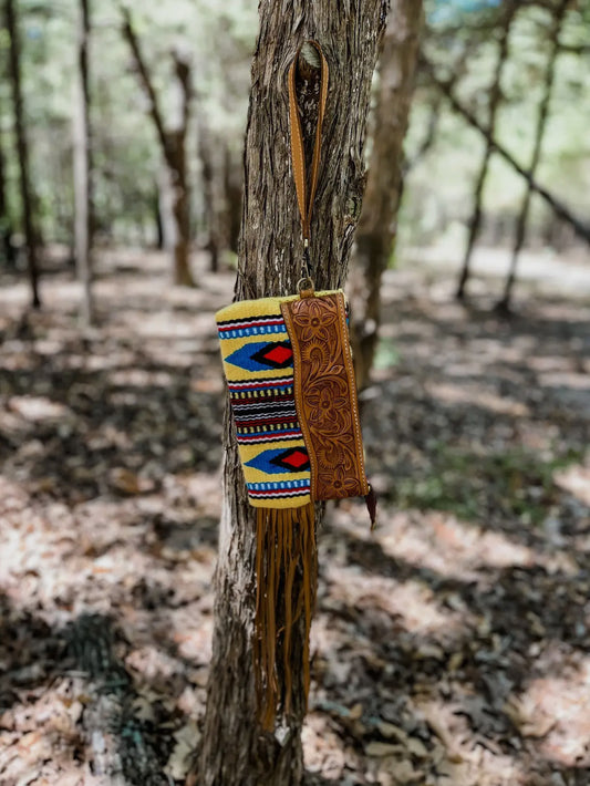 Western Aztec Tooled Leather Tassel
Wristlet Purse