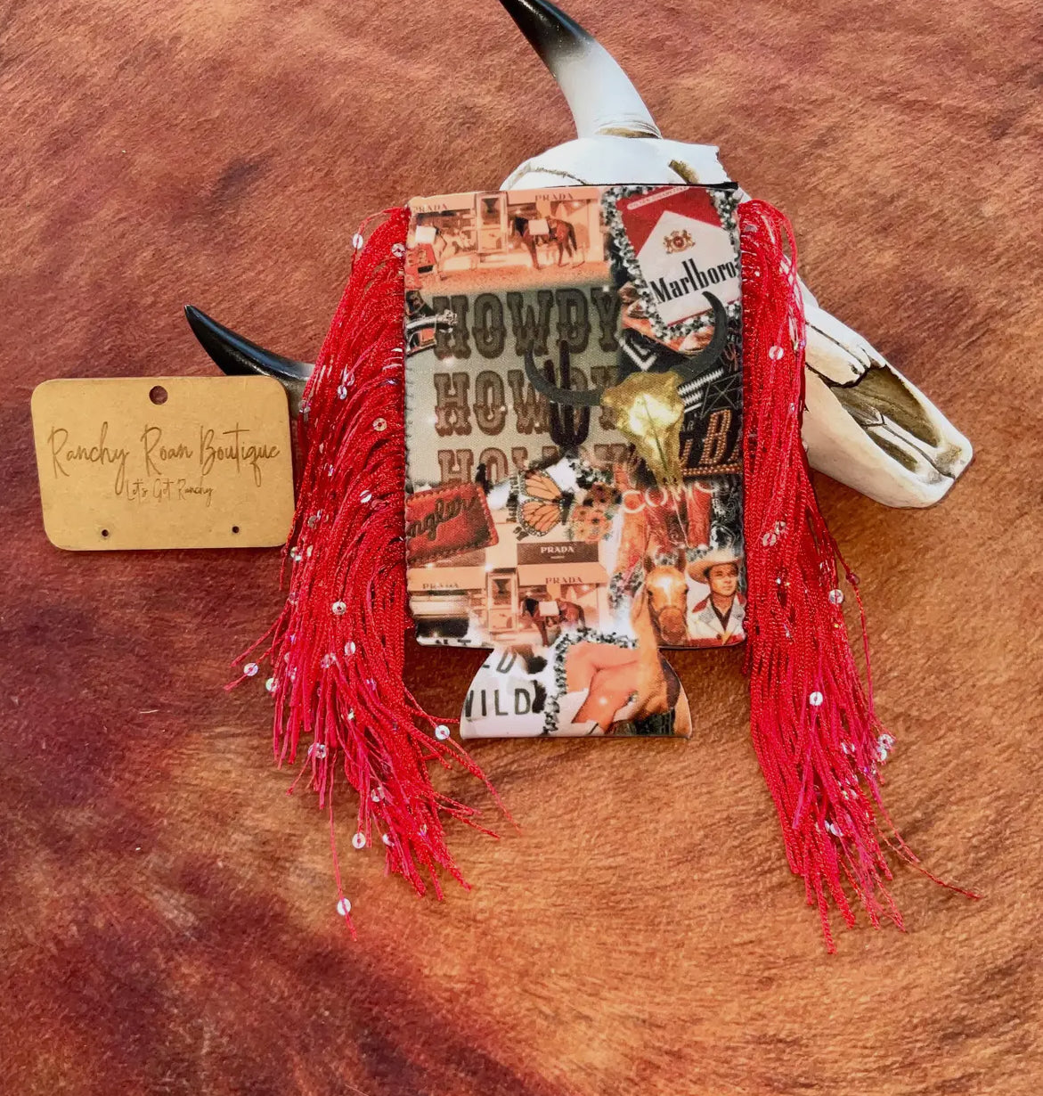 Western howdy fringe koozie SLIM (red)