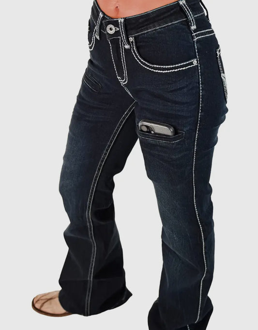 Cowgirl Tuff Co. Gem Trouser with 2 offset cellphone pockets.