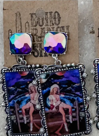 Cosmic western cowgirl glass earrings with blue/purple stones