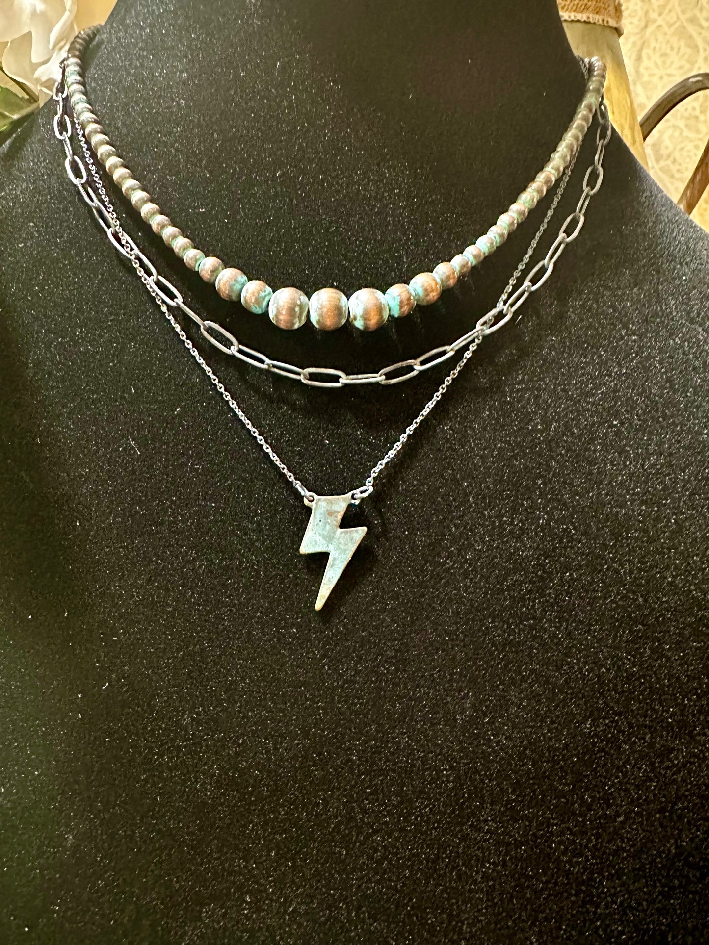 Layered Navajo lighting bolt patina turquoise.