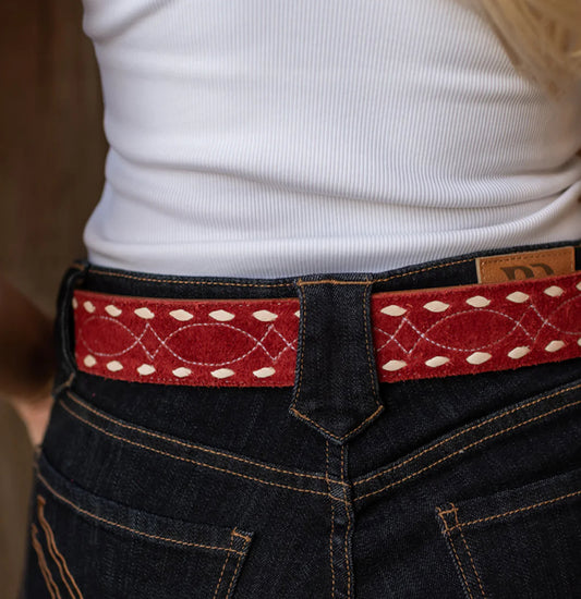 COLORED LEATHER BUCKSTITCH BELT RED