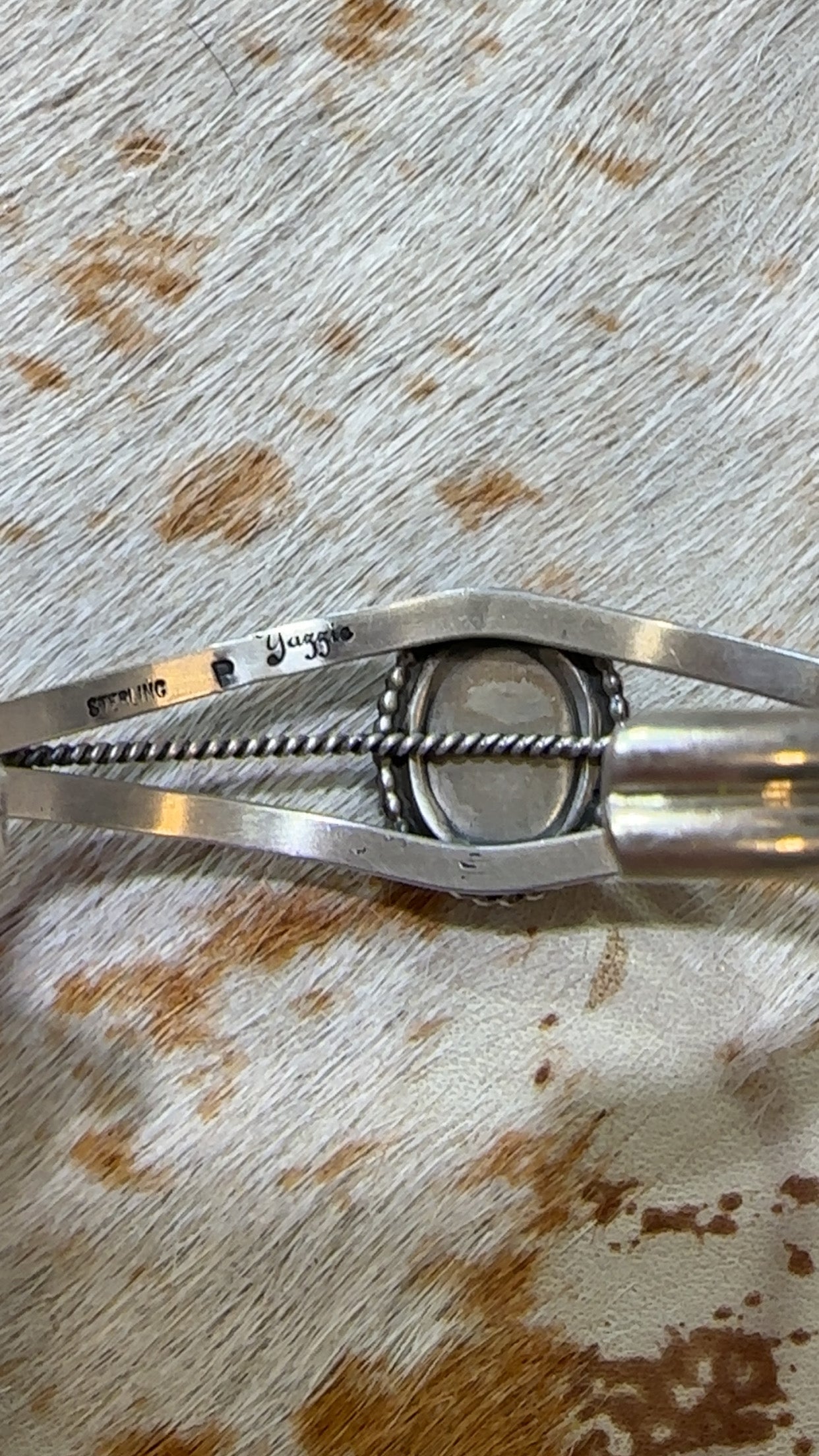 Authentic Stamped Navajo sterling silver cuff bracelet featuring a purple spiny oyster stone.
