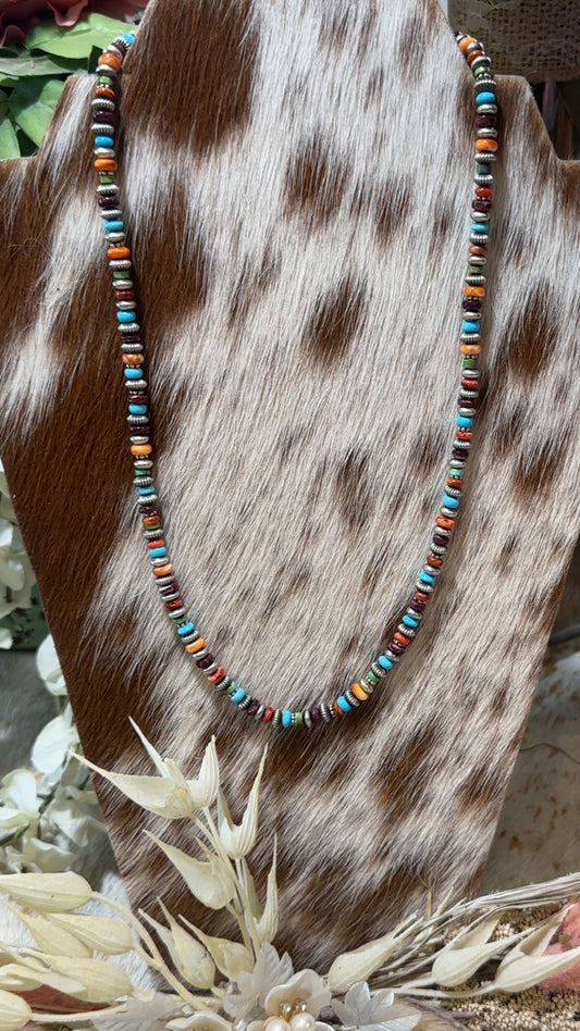 Authentic Sterling Silver Navajo Pearl Mixed Bead Necklace with multicolor Stone accents. Featuring the kingman turquoise, orange and red spiney oyster, red coral, purple spiney oyster.