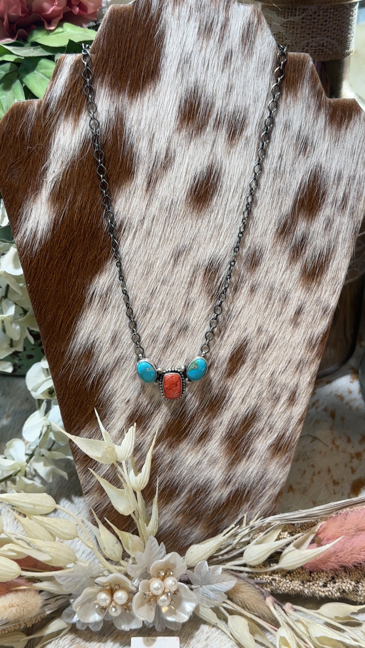 Authentic Stamped 3 Stone Necklace with Kingman turquoise & Red spiney oyster stones.
