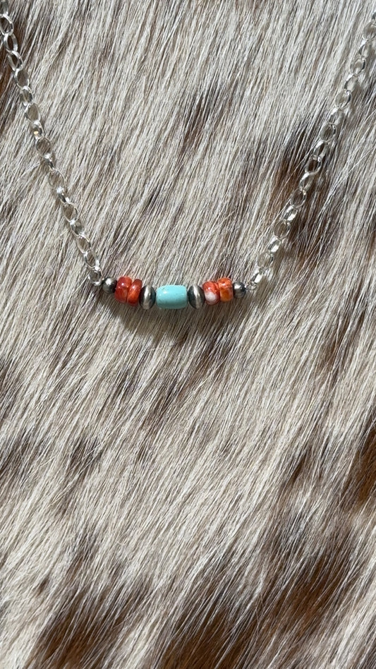 Cash Spiny Oyster, Turquoise
Bar Necklace and Navajo Pearls