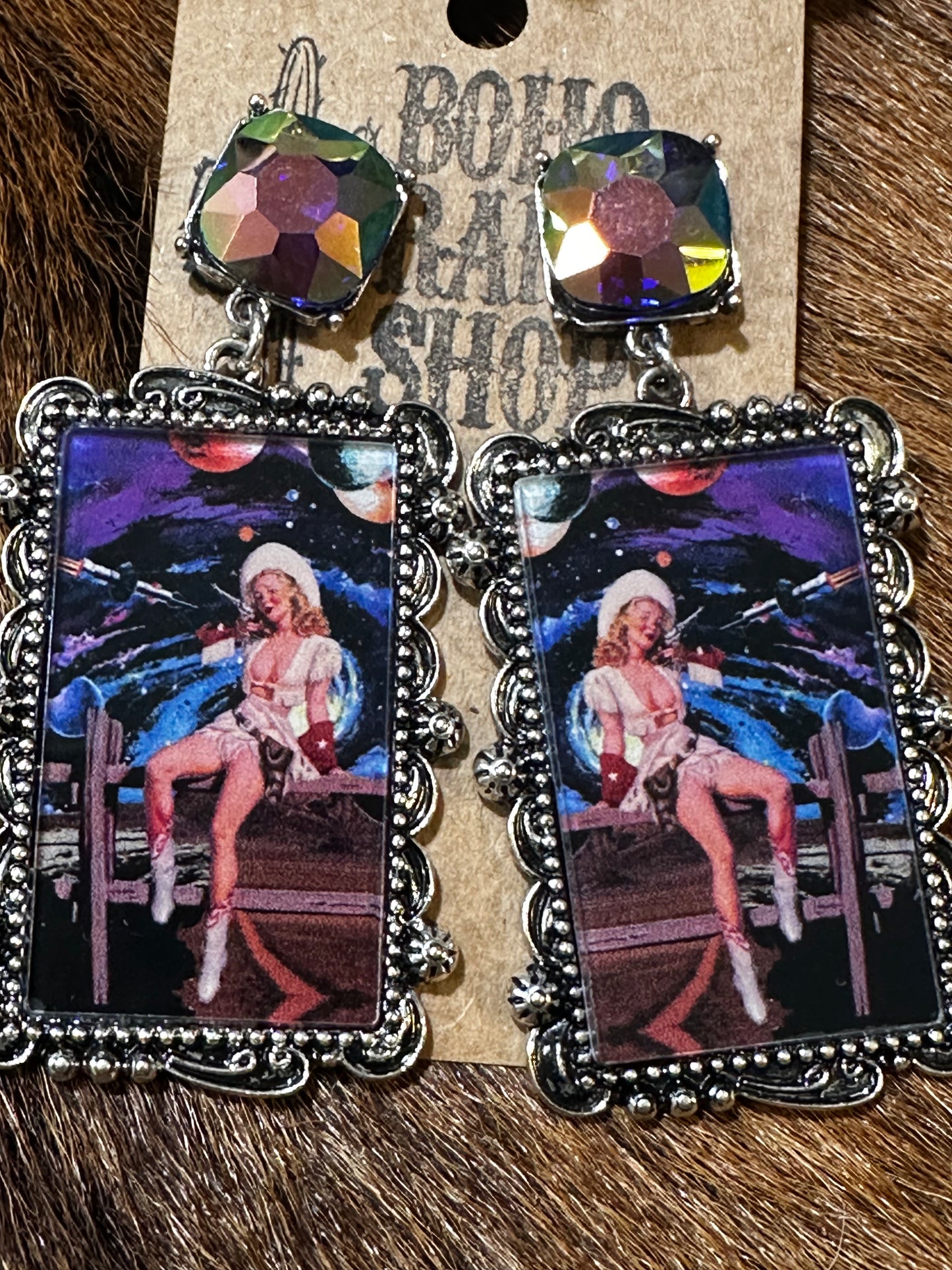 Cosmic western cowgirl glass earrings with blue/purple stones
