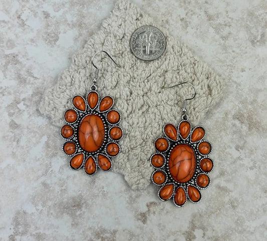 Silver with
Orange Stone Oval Concho Earrings