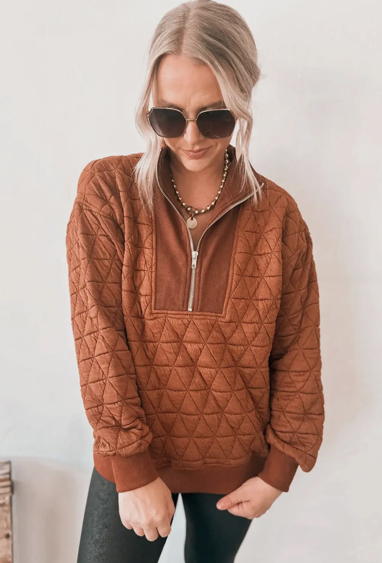 Geometric Quilted Half Zipped Loose Sweatshirt