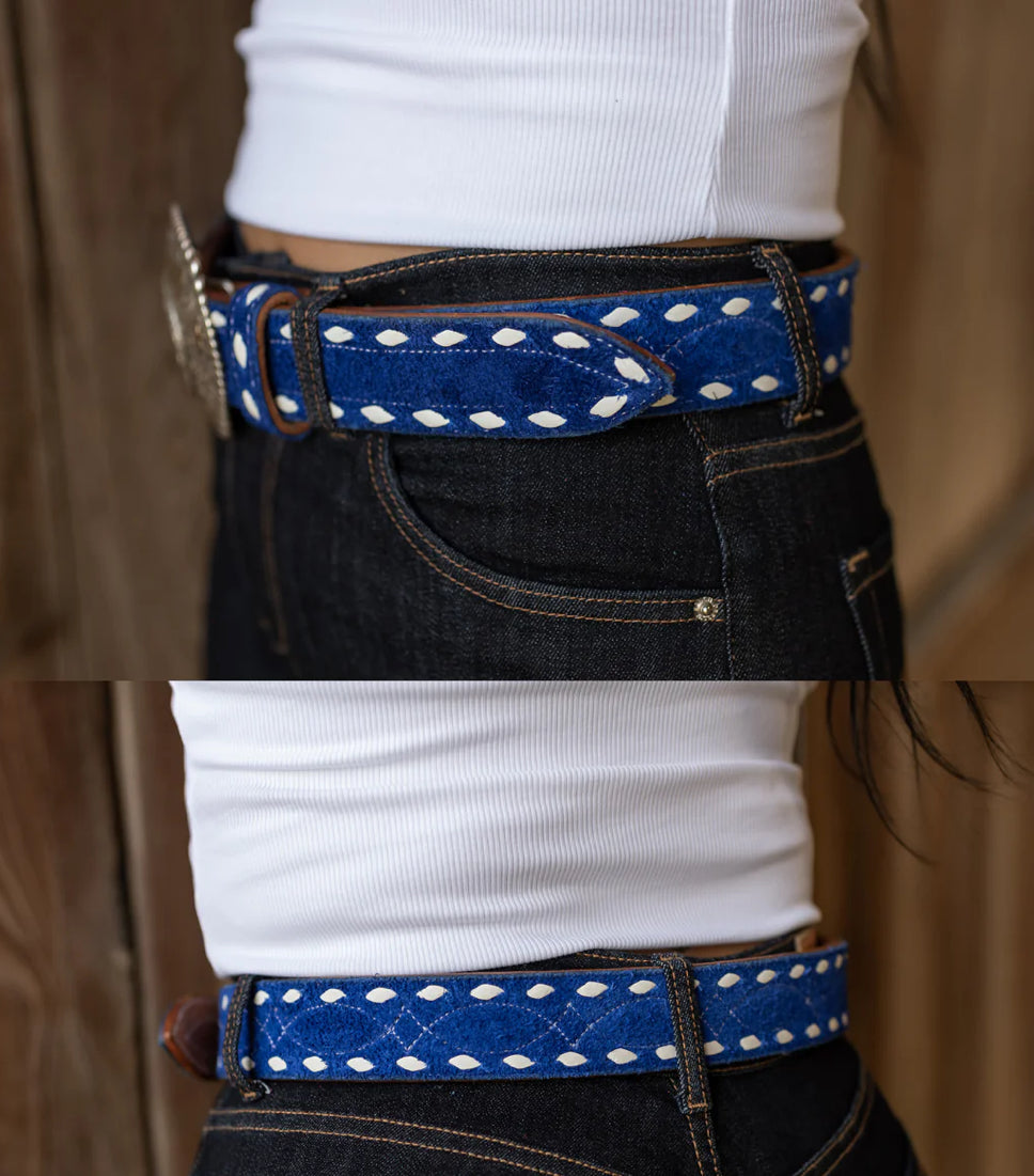 COLORED LEATHER BUCKSTITCH BELT ROYAL BLUE
