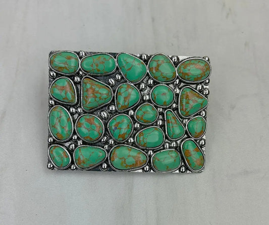 Silver Metal
with Green Turquoise Stone Rectangle Belt Buckle 3 inches width