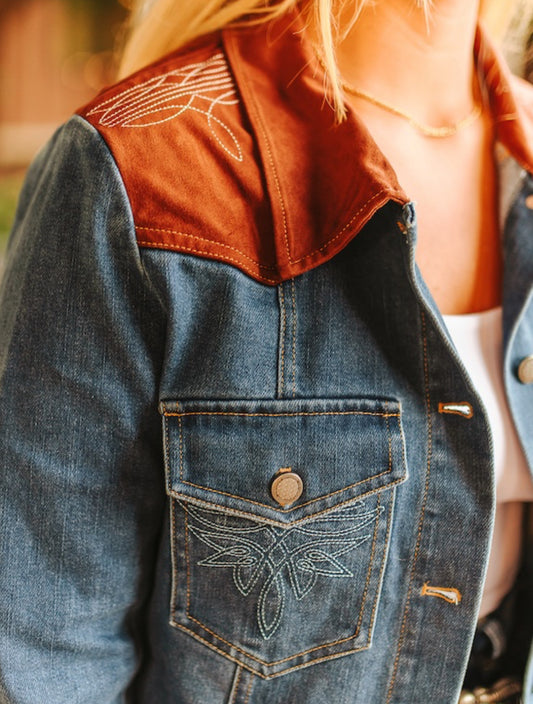 DENIM EMBROIDERED BOOT STITCH
DETAIL BROWN LEATHER YOKE         JACKET *the leather on top is a darker brown than the picture**