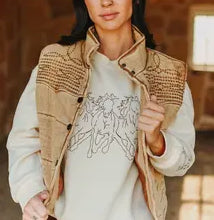 Camel Denim Puffer Studded Button Down Embroidered Vest