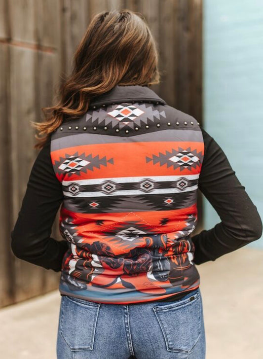 Red Black Boot Printed Western Yoke Vest (it is red not orange)
