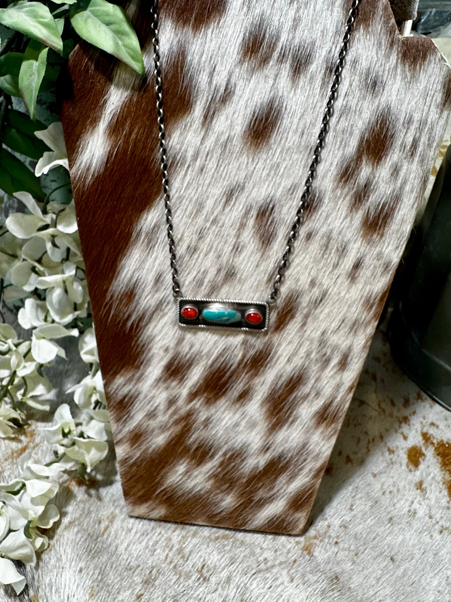 Authentic stamped bar necklace. Kingsman turquoise with red corral (the red is more orange in person)