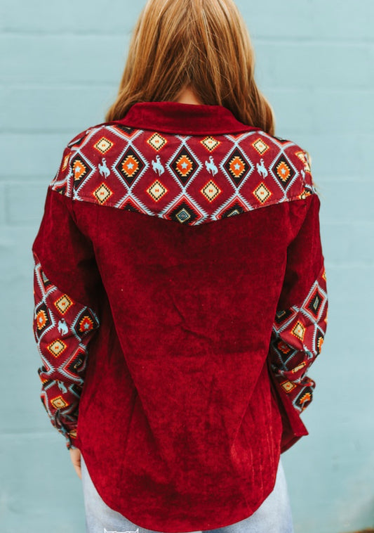 BURGUNDY CORDUROY WESTERN PRINTED YOKE SLEEVE PEARL SNAP SHIRT (in the pictures it looks more red, it is a true burgundy color in person)
