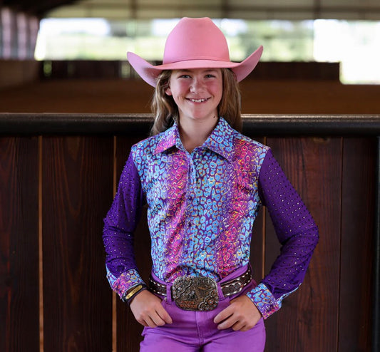 *YOUTH* COSMIC CHEETAH MESH SLEEVE PERFORMANCE RODEO SHIRT