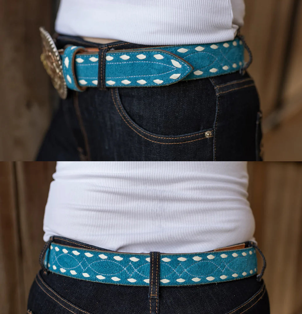 COLORED LEATHER BUCKSTITCH BELT TURQUOISE