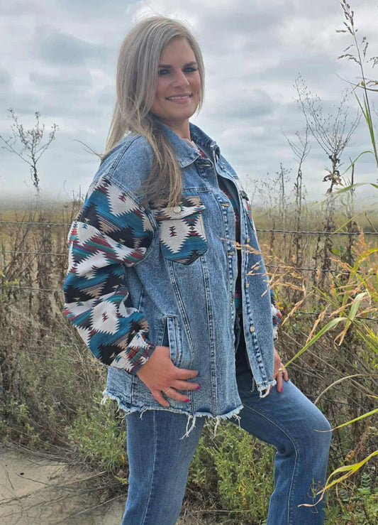 SOUTHERN ROOTS DENIM SHACKET with a detachable hood.