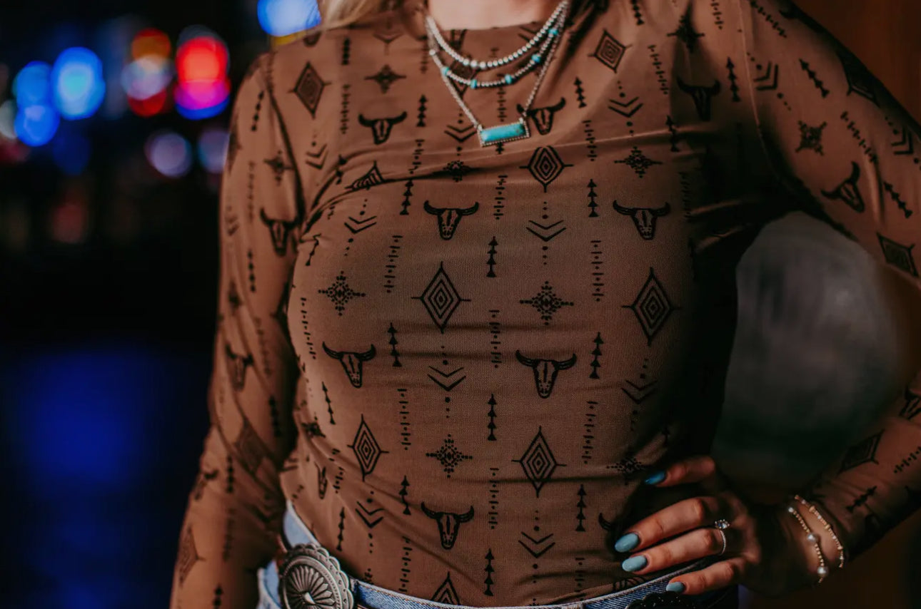 Cow Head Brown Aztec mesh top Please note the color brown is slightly lighter than the picture.