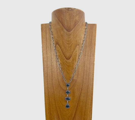 22 Inches
Silver Metal Chain with Four BLACK Turquoise Stone Teardrops Necklace